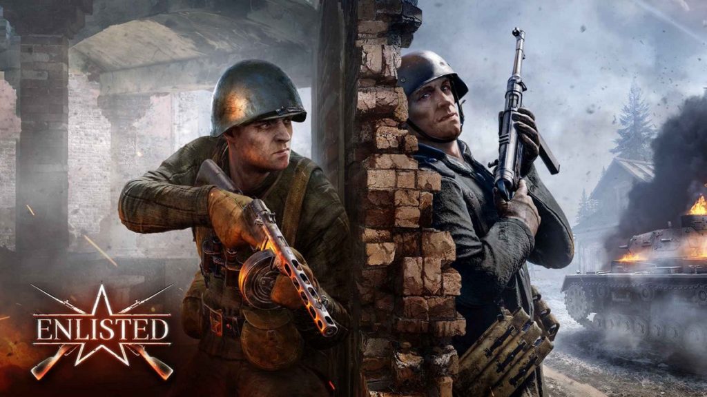 On the cover of the game Enlisted, which can be considered one of the Best Free FPS Games, we see a Russian and a German soldier leaning against a wall in the middle of the picture. In the bottom left corner, the title is shown in white letters.