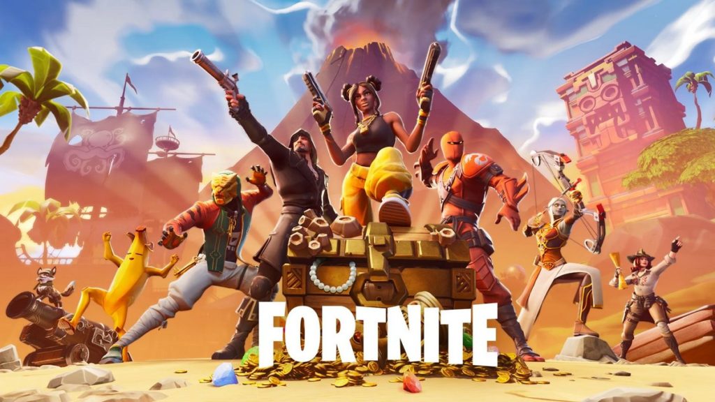 In the FPS game Fortnite, you can choose from a variety of crazy characters, which can be seen on the cover of the game. Below the center, you can see the game title in white.