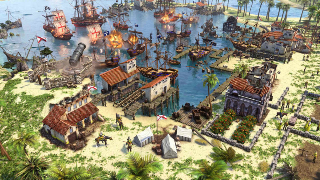 Here we see a screenshot from Age of Empires III, where a fleet of ships is attacking a player's base. The game will get a free update this October.
