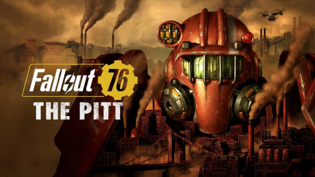 On the cover, which is from the game Fallout 76 the Pitt, we see the gloomy environment of the title after a fallout. Orange and beige colors dominate the image. On the right, we see a person in chemical warfare gear and to the left, the title of the game is shown in white letters.