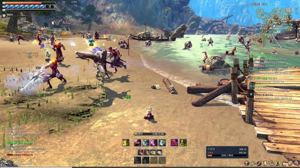 You can see a screenshot from the game Blade and Souls, which shows a large beach where many playable characters are fighting in PvP mode. The beach is on the left side of the frame and extends from the front into the background. Turquoise water can be seen on the right side of the frame. Players are fighting both in the water and on the beach. In the front right of the frame, a wooden jetty extends into the water. Further in the background are large rocks.