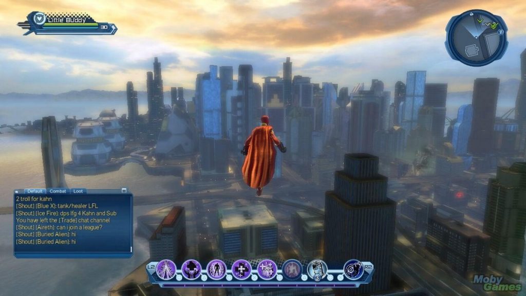 In the game DC Universe Online, you take on the role of a famous superhero, as seen in this picture, where a superhero with a red cape is shown in third-person in the center of the image, flying straight over a city, which appears blurred in the background of the image. At the bottom of the frame, we see the blue skill bar of the superhero in a horizontal arrangement with purple circles. 