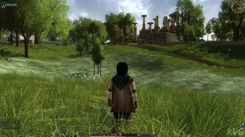 One of the best free RPG games is Lord of the Rings Online, which is illustrated by this picture: Here we see a hobbit as a playable character centered in the lower half of the image. He is seen from behind in the third person view and is standing on a beautiful green meadow with numerous lush green trees in the background. At the top right, a kind of stone ruin can be seen in the background of the picture.
