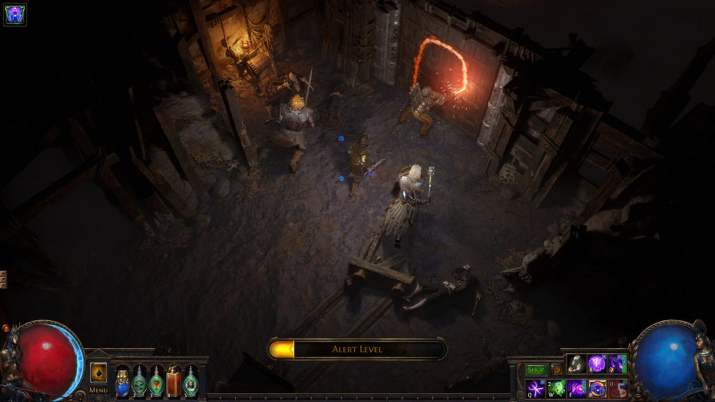 In the screenshot of the MMORPG Path of Exile, a 3D game, we can see four different characters in a top-down view, which are standing inside a dark dungeon. The room is lit only by a torch. One of the players stands at the top of the screen, drawing a fiery red shape on a stone wall with his sword. At the bottom of the screen, you can see the interface of the game, with the life meter in the left corner marked as a red ball and the stamina in the right corner marked as a blue ball. The game is one of the best free RPG games in 2022.