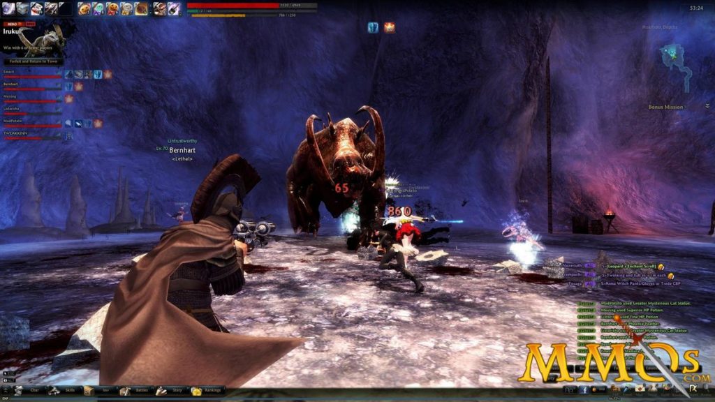 In this image, a fierce battle with a large creature takes place in a blue-lit icy cave. The playable character can be seen in the third person at the bottom left of the image, firing at the beast in the background. At the same time, two female playable characters charge at the monster, which looks like a giant brown bull. This is an excerpt from the game Vindictus, which is one of the best free RPG games.