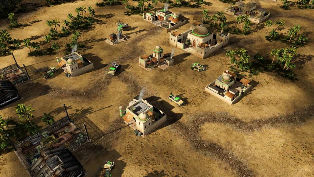 Here we see a screenshot from the real-time strategy game Command & Conquer: Generals. This one shows the GBA base from above, which consists of several oriental-looking buildings. There are some vehicles on the base, such as a tank and two pickup trucks. The base is surrounded by a bunch of palm trees and is in the middle of a desert landscape in daylight.