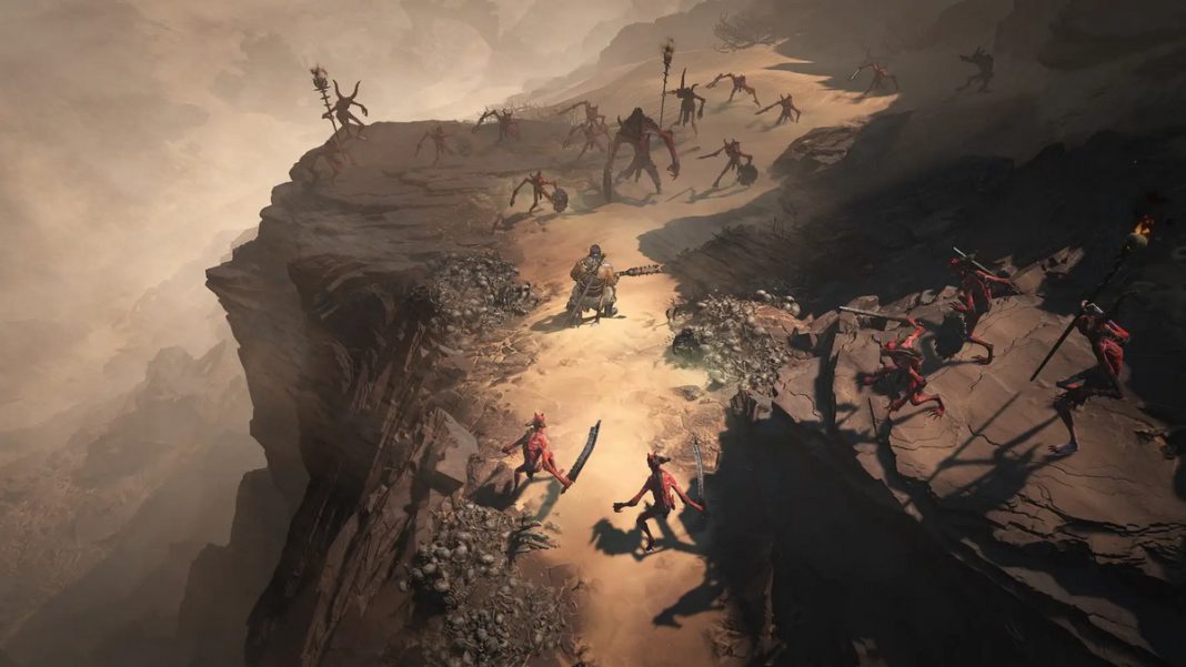 In this screenshot, we see in top-down view the rocky desert area of Kehjistan, which is included in Part 4. Here, a playable character is in the center of the image in the midst of a battle on a rocky ledge in daylight. He is currently surrounded by many, different monsters attacking him. On the right side of the image, the area becomes much darker and hillier, stretching even further towards the sky. On the left side, a foggy canyon can be seen. The latest Diablo 4 leak offers previously unseen game content.