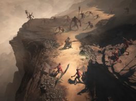 In this screenshot, we see in top-down view the rocky desert area of Kehjistan, which is included in Part 4. Here, a playable character is in the center of the image in the midst of a battle on a rocky ledge in daylight. He is currently surrounded by many, different monsters attacking him. On the right side of the image, the area becomes much darker and hillier, stretching even further towards the sky. On the left side, a foggy canyon can be seen. The latest Diablo 4 leak offers previously unseen game content.