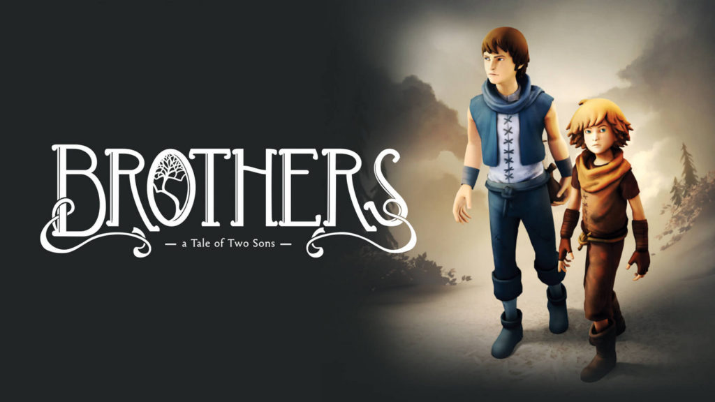 If you are looking for games like It Takes Two, you will probably like Brothers: A Tale of Two Sons. Here we can see the cover of the game, with the title "Brothers a Tale of Two Sons" written in white capital letters on the left side. To the right, we can see the two sons side by side from the front in a long shot, looking off into the distance in different directions. Behind them, a misty valley with mountains and fir trees can be seen.