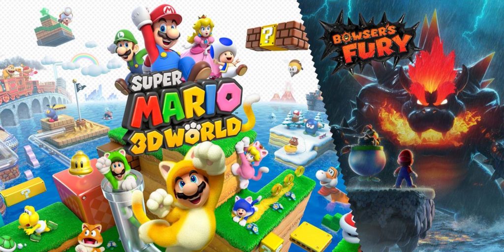 The cover of Super Mario 3D Wörld + Bowser's Fury can be seen here. The left side shows numerous colorful game elements, platforms, and enemies from the various levels of the game. In front of this arrangement is the logo along with the game title "Super Mario 3D Wörld" in colorful capital letters. Above it, we see Super Mario together with Luigi, Peach, and Toad. Below the logo, Super Mario is jumping into the air in a cat outfit. On the right side of the image, in contrast to the cheerfully colorful Mario world, a dark, foggy world is depicted, in which a giant, fire-breathing Bowser can be seen. In front of it, we see a much smaller Super Mario looking up at Bowser. Diagonally above the villain's head in the upper left corner we see the logo with the red inscription "Bowser's Fury" in capital letters.