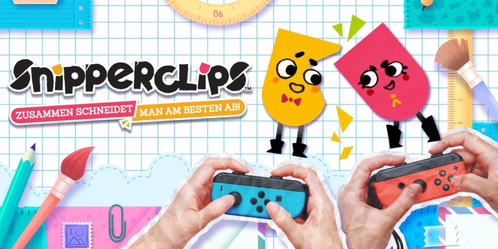 Play one of the games like It Takes Two with Snipperclips. This game is less epic, but all the more fun. On this cover, the title of the game "Snipperclips" is shown on the left in black capital letters. Below that is the subtitle "Zusammen schneidet man am besten ab" in German text and in capital letters in white behind a red and yellow background. These colors are also found in the same way in the main characters, which we see on the right side in a long shot: On the left is the male Main character and on the right in red is the female. The two characters look at each other smiling, while the female character cuts away a part of the male one. Below the figures, a blue and a red Joy-con are shown being held in their hands. The background is made of checkered college notebook paper and elements like a paintbrush, a ruler, shapes and a pen can also be seen at the edges of the image.