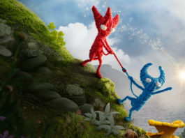 On this cover of the co-op game Unravel Two, we look at the two main characters, who are made entirely of yarn and are currently holding each other on a grassy hill with the help of a yarn thread to avoid falling down. The character on the left is made of red yarn, and the one on the right is made of blue yarn. In the background, you can see the sky with clouds and the sun. It's one of those games like It Takes Two where the two players have to work very hard together to succeed.