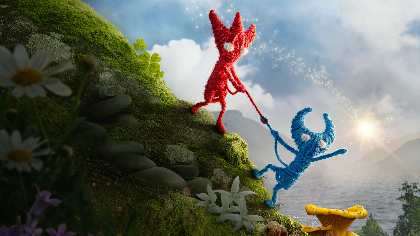 On this cover of the co-op game Unravel Two, we look at the two main characters, who are made entirely of yarn and are currently holding each other on a grassy hill with the help of a yarn thread to avoid falling down. The character on the left is made of red yarn, and the one on the right is made of blue yarn. In the background, you can see the sky with clouds and the sun. It's one of those games like It Takes Two where the two players have to work very hard together to succeed.