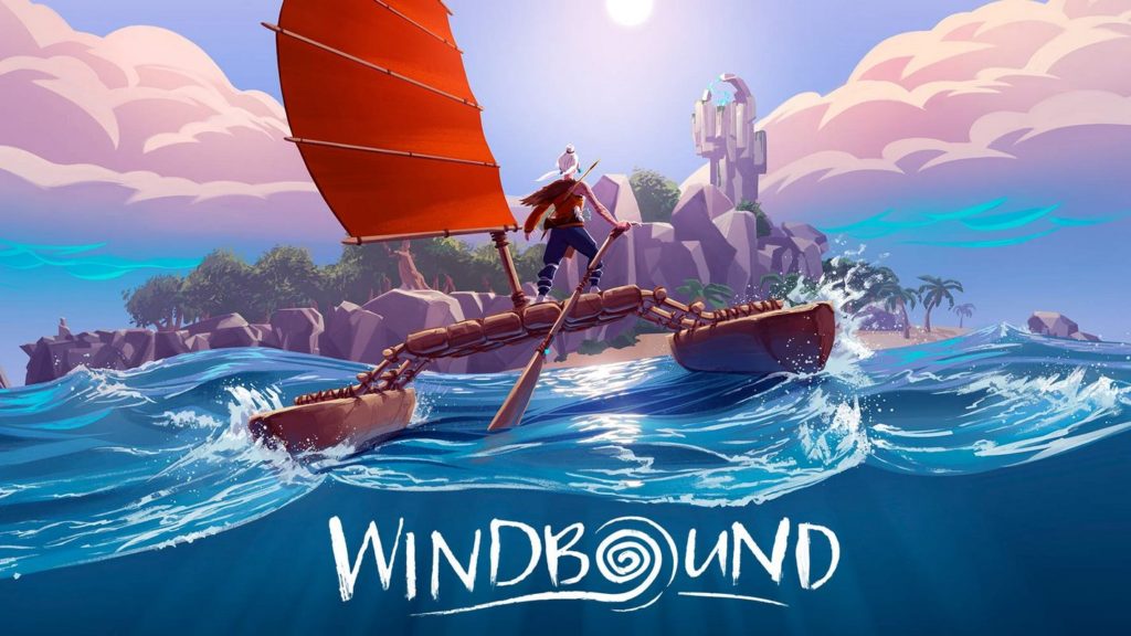 Sail to unknown islands. In this picture we see the main character of the game on a raft, which is currently on a stormy sea. In the background we can see an island. Under the boot, the title "Windbound" is shown in white.