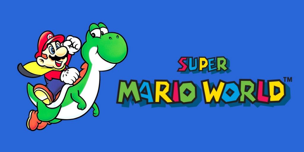 A picture can be seen with Mario on Yoshi on the left. To the right, we see the title of the game in colorful lettering "Super Mario World". The New Mario Game is also playable in SNES style.