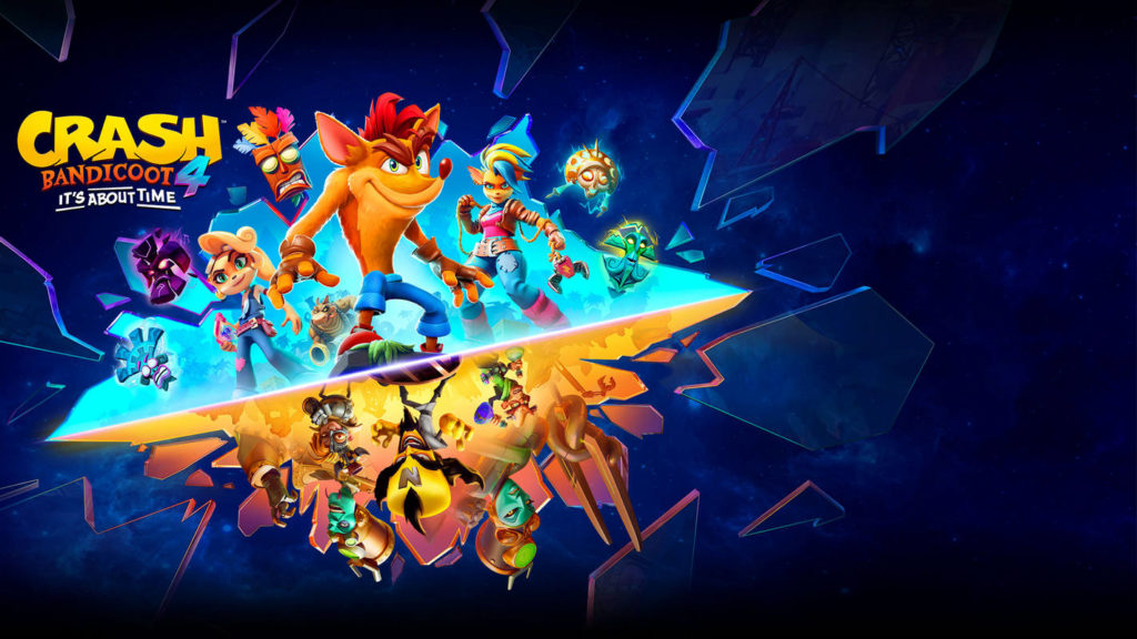 Here we see the cover of the game Crash Bandicoot 4: It's About Time. You can see the famous pouch badger Cash Bandicoot at the top left of the image along with his companions in the game, who are standing behind him in formation ready to fight. They have just punched a triangle-shaped hole in the blue space seen in the foreground. Shards of glass fly in the direction of the viewer. The entire crew is reflected in the highly reflective floor. At the top left of the main figure, the title of the game is shown in capital letters with slight deformation. The title consists of the colors yellow, orange, and white. These colors can be found in the reflection on the floor and in the main character itself and provide a color balance. In the distance is the game world disappearing into the turquoise fog. This title is one of the best platformer games out there.