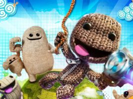 The cover of LittleBigPlanet with the typical characters in the colorful world can be seen here. The main character "Sack-Boy", who is made of brown yarn, can be seen smiling with black beady eyes in the wide shot with a hair dryer in his left hand. With his right hand, he holds onto a thread of yarn. He is standing on a small green planet, which is shown in the lower half of the picture. On the planet, there are three more cloth creatures with friendly faces in the direction of the viewer. At the bottom right, a stuffed bird flies out of the picture. The background of the image is a composition of a grid pattern as well as paper clouds and various blue gradients. The game can be considered one of the best platformer games.