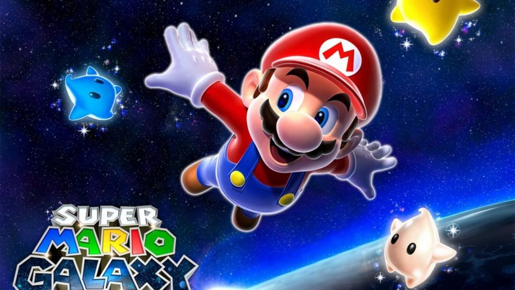 We are looking at the cover of Super Mario Galaxy, a very successful platform game from Nintendo. In a long shot, the famous plumber can be seen flying with his arms outstretched. His view falls to the upper left, where we see a blue small star character. Below, another star character is shown in white, and a yellow one is shown in the upper right. These stars help Mario in the game, which should be made clear through eye contact. At the bottom right, a huge turquoise planet can be seen in the crop and behind it, in a blue-black color gradient, the endless galaxy is seen. At the bottom left of the image, we see the title of the game in white and variously colored capital letters.