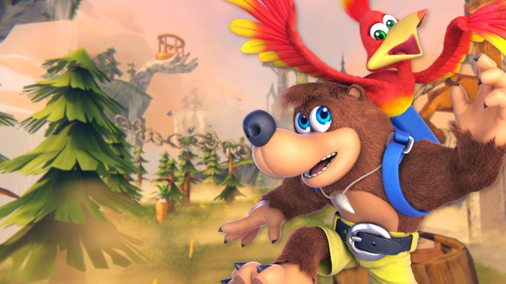 The two main characters from Banjo-Kazooie, a cute brown bear, and a cheeky red bird, are shown in a long shot on the right side of this image. In the background of the picture we see several tiered fir trees standing on a grassy landscape, and to the left in the middle ground of the picture, a large stone statue in the shape of a hand rises up, holding a golden cage. In the distance, in a reddish mist, a mountain can be dimly glimpsed. This is an N64 3D platformer.