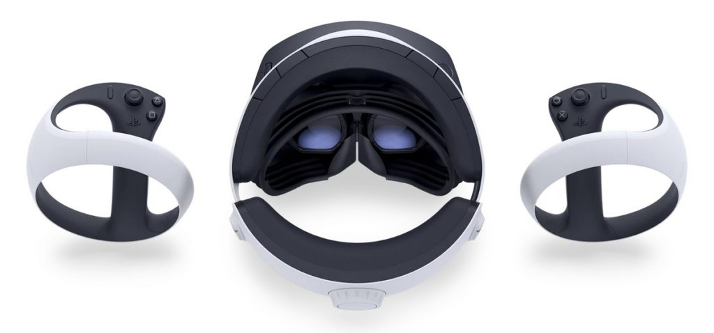 We see the new Playstation VR 2 headset together with the controllers from behind against a white background.