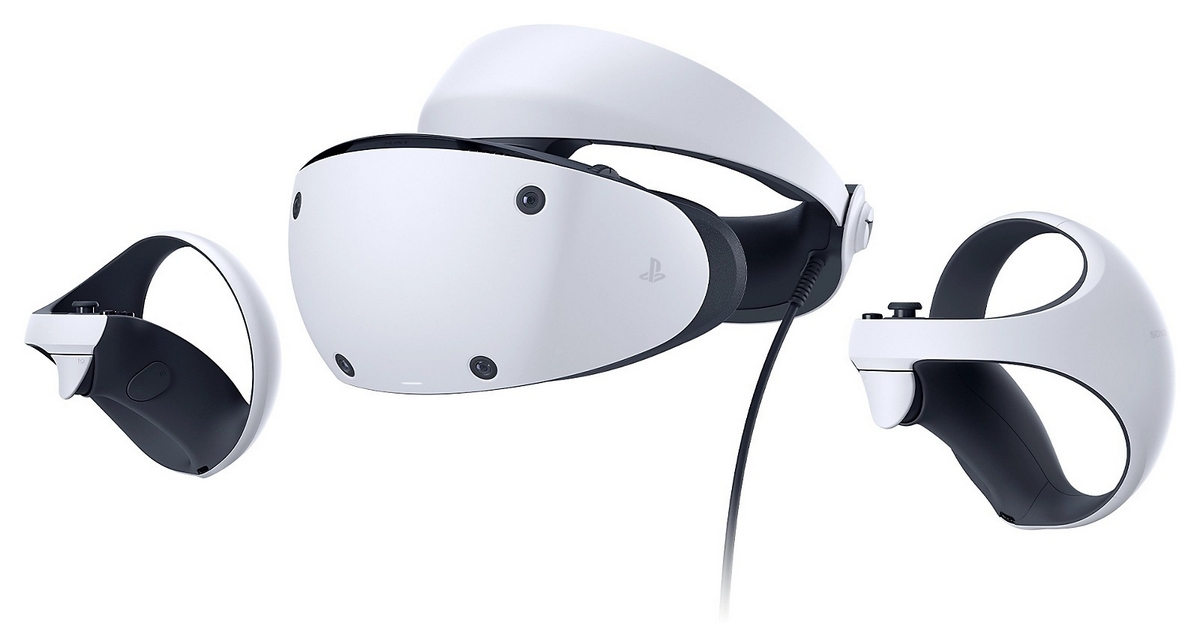 In the picture, which is part of the Playstation VR 2 preview, you can see the PSVR 2 together with the controllers against a white background.