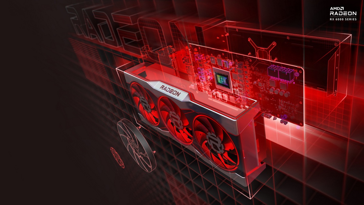 We see a red and black 3D visualization of a graphics card from AMD. The graphics card is shown in a long shot in a slightly slanted perspective in the top view and in transparency. The background reflects the graphics card and similar shapes can be seen in the background, which is reminiscent of graphics card shapes. This is what AMD's new flagship, the Radeon-RX-7900-XT, could look like.