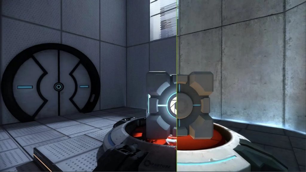 This image shows a screenshot of the remaster of Portal "Portal RTX". Valve's game received an automatic overhaul with NVIDIA's new RTX Remix tool. The screeshot is vertically separated in the middle by a thin yellow bar. The right side of the image shows the original Portal game with lower resolution and washed out textures, and the left side shows the new Portal version with high resolution and detailed textures. We are standing in the first-person perspective in a metallic test room with a high ceiling in front of a round pedestal on the floor. On the pedestal is a large futuristic cube with a kind of eye in it. On the left side in the background is a large round futuristic door.