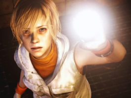 In the Silent Hill Game Sequel, Cheryl might be walking around with a flashlight again, as illustrated in this close-up. We look from above at the protagonist with her short blonde hair, orange collared sweater, and white vest. She stands on a black metal scaffolding in the darkness and looks with an anxious gaze in our direction. As she does so, she holds up a flashlight with her hand, shining it in our direction. Behind her is a wall of red brick, which can be seen in the crop at the top of the image. Her face is illuminated by the light of the flashlight.