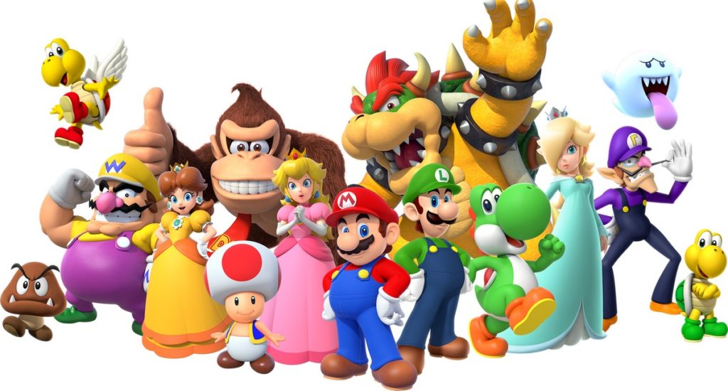 Against a white background are the famous characters from Super Mario in total view. From left to right, we see a brown Gumba, Wario, above a flying yellow turtle with white wings and a red shell, the monkey Donkey-Kong, Daisy in a yellow dress, the toadstool Toad, Peach in a pink dress, Mario in red-blue in the middle whole front, his brother Luigi in dark blue-green, the villain Bowser with his spiked shell, the cute Yoshi in green, Rosalina in a turquoise dress, Wario's brother Waluigi with his thin arms and legs, above the floating ghost Boo with his tongue hanging out and far right the friendly yellow-green turtle Cooper. 