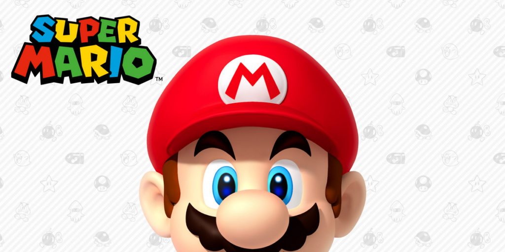 In the center of the image, we see the face of the well-known plumber from the Mushroom Kingdom in a slight crop against a white background with his mustache and red cap. His face is frontal to us and he is looking at us. At the top left, the words "Super Mario" can be read in a Mario-typical, colorful font and capital letters. In the white background, the motives of various enemies or items are shown in light gray as a recurring pattern at equal intervals. The famous plumber will be featured in the new Super Mario Movie in spring 2023.