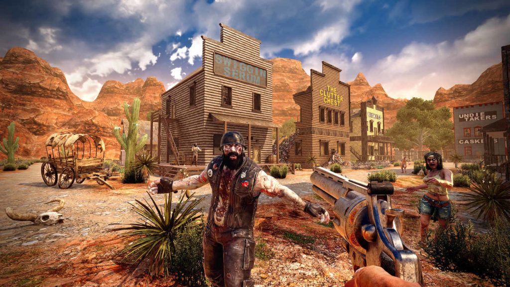 Here we see a screenshot from the game 7 Days To Die, where two zombies are running towards the player, who is armed with a revolver in a desert area by daylight. The player is seen in first-person perspective and aims his gun at the opponent's head, which is directly in front of him. The environment resembles that of the Wild West. A road runs from left to right and several wooden buildings and a destroyed carriage can be seen. In the background, an orange mountain range stretches out, and above it the sky with clouds. This game is considered one of the best survival games for PS4 and PS5.