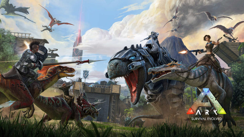 You can see the cover of the game ARK: Survival Evolved, which is currently very popular among survival games for PS4 and PS5. In the picture, we can see four different characters riding different tamed dinosaurs and fighting each other, in a slight under-view and in daylight. One of the four players is riding a giant T-Rex. Above the players, several pterosaurs are flying on the right side of the image. In the background, you can see the blue sky with clouds and a smoking volcano. In the foreground tufts of grass rise up and trees on the left and right are shown.