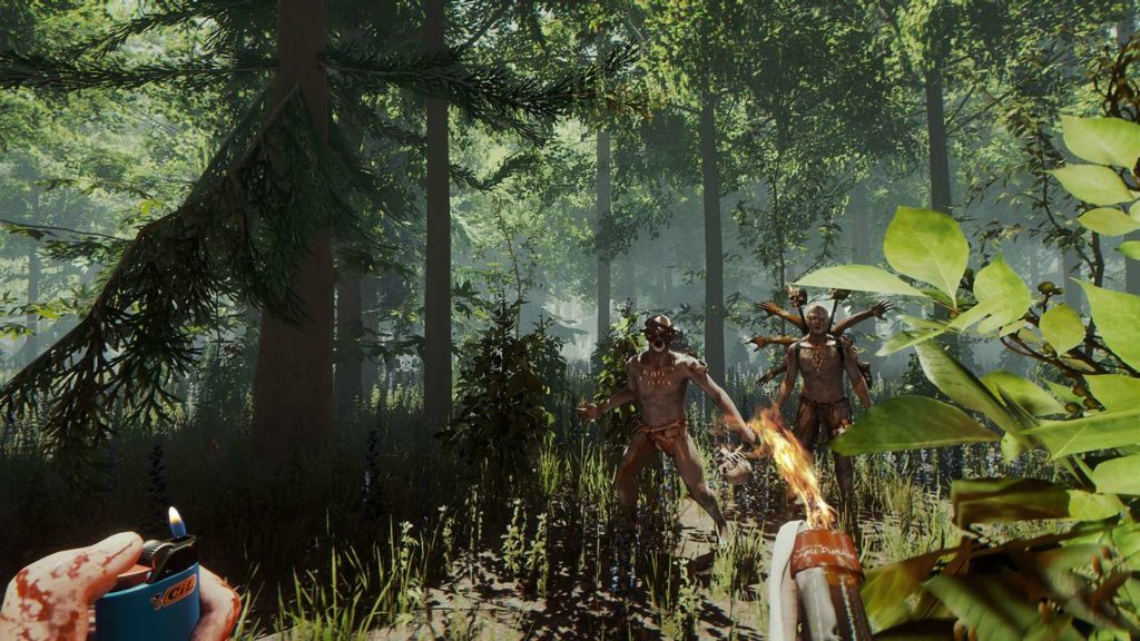 In The Forest, you fight against native cannibals for bare survival, as you can see in this screenshot: The player can be seen in first-person perspective. In his left hand he holds a blue lighter, in his right hand, he holds a burning object. He is standing in the middle of a green forest flooded with daylight. In the background, we see two bizarre-looking cannibals that have discovered the player and are running toward him.