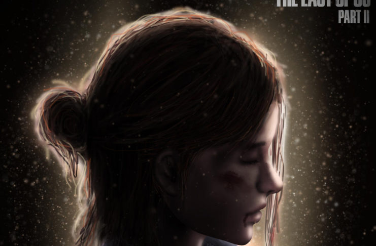 In this picture, we see Ellie's face in profile in a close-up. Her brown hair is tied into a braid and she has her eyes closed. Her face is illuminated from behind by a warm light, creating a bright outline and glow around her head. There are many floating particles of a similar warm hue in the image. This female character depicted here will play a major role in The Last of Us.
