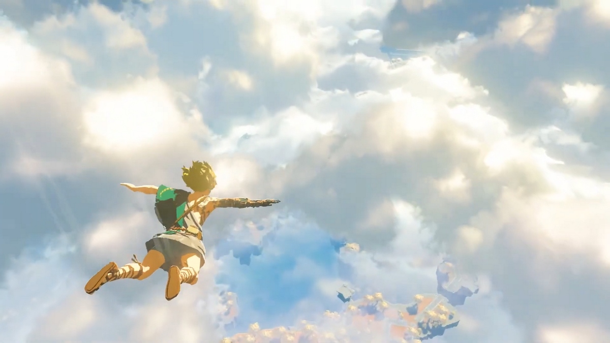 The screenshot shows the protagonist of the new Zelda title falling down through the clouds with his arms and legs stretched out. The screenshot is from a trailer by Nintendo from the summer of 2021. Since September 13, it is known that the new part will be called "The Legend of Zelda: Tears of Kingdom".