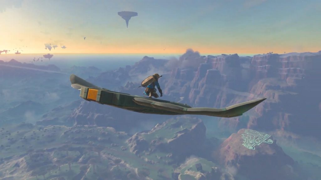 This screenshot is from the September 13, 2022 Nintendo Direct trailer and shows the game "The Legend of Zelda: Tears of Kingdom". Here we see the protagonist Link on a glider, flying through the new open world.
