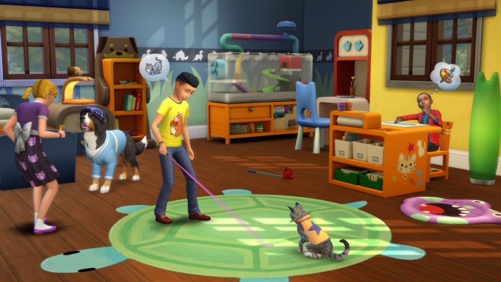 In The Sims 4, as seen in this picture, children can play with pets in a kids' room. The Sims 4 will be free to play in near future.