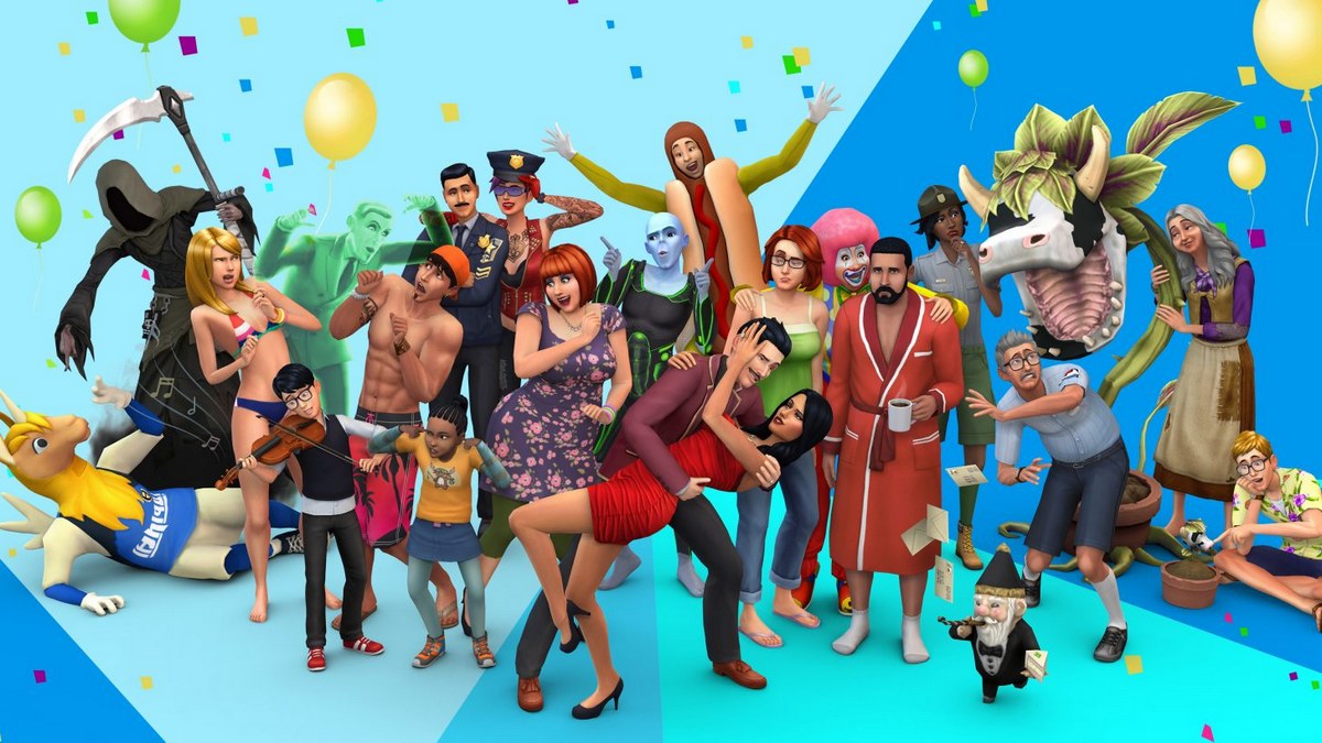 In the picture we see various Sims against a blue background, celebrating cheerfully because The Sims 4 will be free to play.