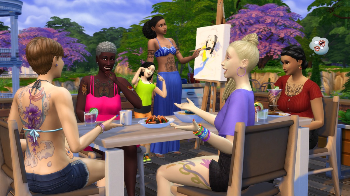 We see several Sims in The Sims 4 sitting on a porch and talking cheerfully. In the background a female Sim is painting an oil painting.