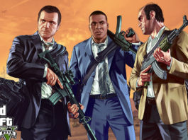 GTA 6 is supposed to be similar to its predecessor in terms of content, which this image should make clear: In the foreground, we see three main characters from GTA V in a long shot and in a slight bottom view. In the background, we can see a part of the game world and the orange sky above it, so the city behind the characters is covered in a warm orange light. On the right edge of the picture, there is a steep mountain in the distance. The figure on the right side of the picture is wearing black pants, a white shirt, and a brown sack coat over it. He carries a backpack and in his hands, he holds a Kalashnikov. He is looking at the character standing in the center. This person is a black player with short black hair, wearing a blue suit and a white shirt. He has a submachine gun casually resting on his left shoulder and is also looking at the person on the right. The character on the left is looking past us into the distance. He has short black hair, a black suit, and a white shirt. In his hands, he holds an Assault Rifle with a scope. He carries a large bag over his right shoulder. The game's logo is shown at the bottom left. The question, of when does GTA 6 come out, is being asked more and more.