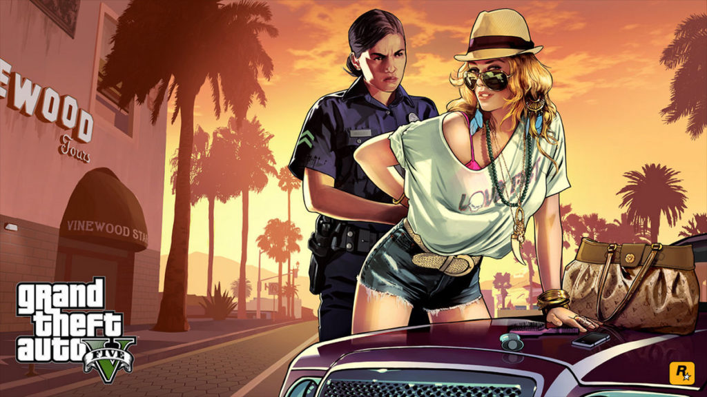 A cover image from GTA V shows an American policewoman with a black braid in the center of the image in the medium shot as she is arresting a suspicious woman in short jeans, a white top, a straw hat, and aviator glasses. She is handcuffing her in front of a car. The arrested woman looks at us sneakily. She is leaning over the hood of a burgundy car on which she has placed her handbag. The arrest happens in the middle of the street, which runs straight into the background of the picture from the front. On the left is a pink house facade with the inscription "Vinewood Star" in white capital letters. Next to it is a tall palm tree and more palm trees can also be seen in the background of the image. The evening sun can be seen in the distance over the mountains, dipping the scene in a golden yellow color. According to Reddit user GTA_VI_Leak, we could also slip into the role of a policewoman in GTA V.