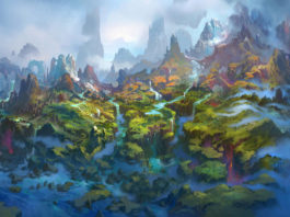 A digital painting shows the Dragon Isles, which will be included in the new WoW addon.