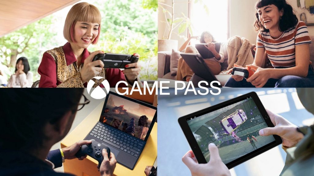 The image is evenly divided into 4 parts. In each image, we can see a different person playing a game on different devices via the cloud gaming service. In the center of the image we see the Xbox logo and to the right of it the word "Game Pass" in capital letters and white color. At the top left, an Asian woman with red clothing and dyed blonde hair is shown in the semi-close-up, playing on a terrace with a black Xbox handheld while laughing. In the upper right, we see a woman with a red and white striped t-shirt and shoulder-length black hair sitting in front of a laptop in a light-filled living room, laughing and playing with a controller in her hand. In the background, another woman can be seen sitting on a couch with a large book. In the lower left, we look over the shoulder of a man playing an adventure game on a black laptop with a controller. In the lower right, over a man's shoulder, we see a handheld console that is playing a racing game.
