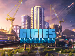 Here we can see the cover image of the Cities Skylines game, which is considered to be one of the best city building games. In this image, the logo and title of the game "Cities Skylines" are shown in blue and in capital letters. Behind it, we can see a huge modern metropolis and several glass skyscrapers. On the left and right, two yellow construction cranes rise into the sky. At the top right, an airplane is flying in the sky. In the foreground of the picture, we see a railroad track running from the front left of the picture in an arc to the right out of the picture, and below it a traffic circle with green areas where trees are planted.
