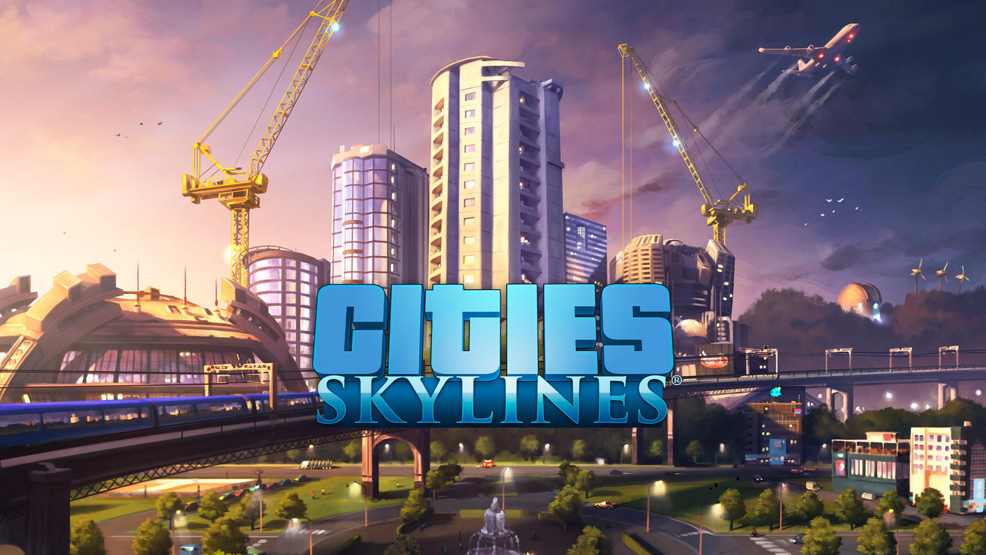 Here we can see the cover image of the Cities Skylines game, which is considered to be one of the best city building games. In this image, the logo and title of the game "Cities Skylines" are shown in blue and in capital letters. Behind it, we can see a huge modern metropolis and several glass skyscrapers. On the left and right, two yellow construction cranes rise into the sky. At the top right, an airplane is flying in the sky. In the foreground of the picture, we see a railroad track running from the front left of the picture in an arc to the right out of the picture, and below it a traffic circle with green areas where trees are planted.