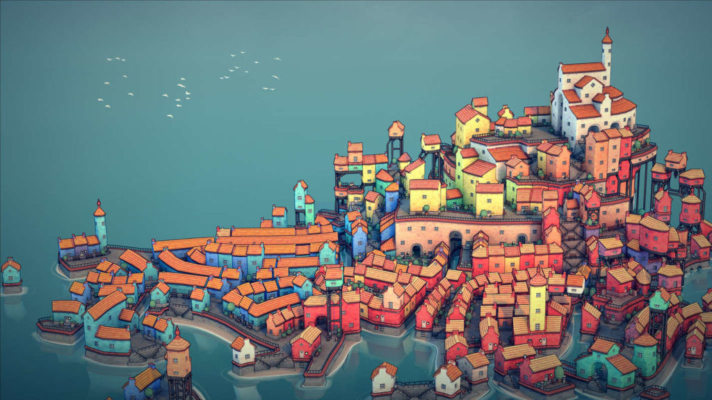 Titles like Townscaper are very good city-building games, as seen in this image: In the long shot, we look at a huge, colorful island city consisting of numerous small houses with different colored facades and orange roofs in daylight. Around the island is a calm turquoise sea. At the top left of the picture, several seagulls circle above the island. On the right, the island becomes higher and a kind of castle with a white facade clearly stands out. The scene looks very stylized and colorful. Cities like this can be easily built in this game.