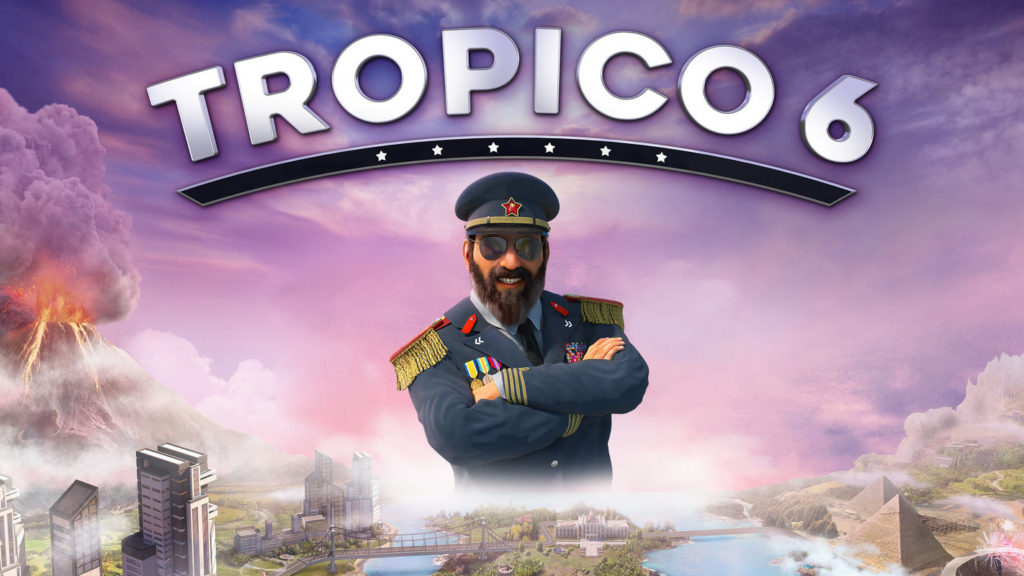 The cover of the city-building game Tropico 6 can be seen. At the top of the cover we see the title of the game in white capital letters and slightly curved, and below it, the protagonist of the game "El Presidente" is shown in a typical uniform and glasses in the semi-close-up. He smiles at us with his arms crossed. At the bottom of the image, possible building scenarios in the game are schematically depicted. In the background, there is a purple-pink sky and on the left in the distance, an erupting volcano can be seen.
