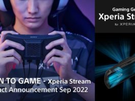 The image shows on the left two thirds a young male asian woman who plays with the Xperia 1 IV Gaming Edition from the front. Below is a title reading in capital letters "Born to Game" followed by Xperia Stream Product Announcement Sep 2022". On the right third on the top is another title that reads "Gaming Gear Xperia Stream for Xperia 1 IV" and below is a 3D visualization of the device.