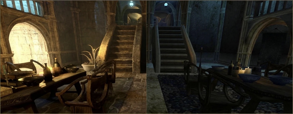 As an example of an automatic revision by the new tool of NVIDIA RTX Remix, we see the game Morrowind as Redux. In this screenshot, the same section of the game is shown horizontally flipped. However, the right half of the image shows the old version of Morrowind as Redux, and the left half shows the reworked version. We are standing in a medieval hallway with a high ceiling and stone walls. On the floor is a large blue carpet, on which is an elongated wooden covered table. At the back of the image, a stone staircase leads to a raised long narrow hallway with a round ceiling. On the right half of the image, the textures are much lower-resolution and less detailed. The lighting is also relatively cool and almost reduced to the light of two candles on the table. On the left side, a light coming from a side corridor illuminates the room, and the narrow floor in the background is also warmly lit.