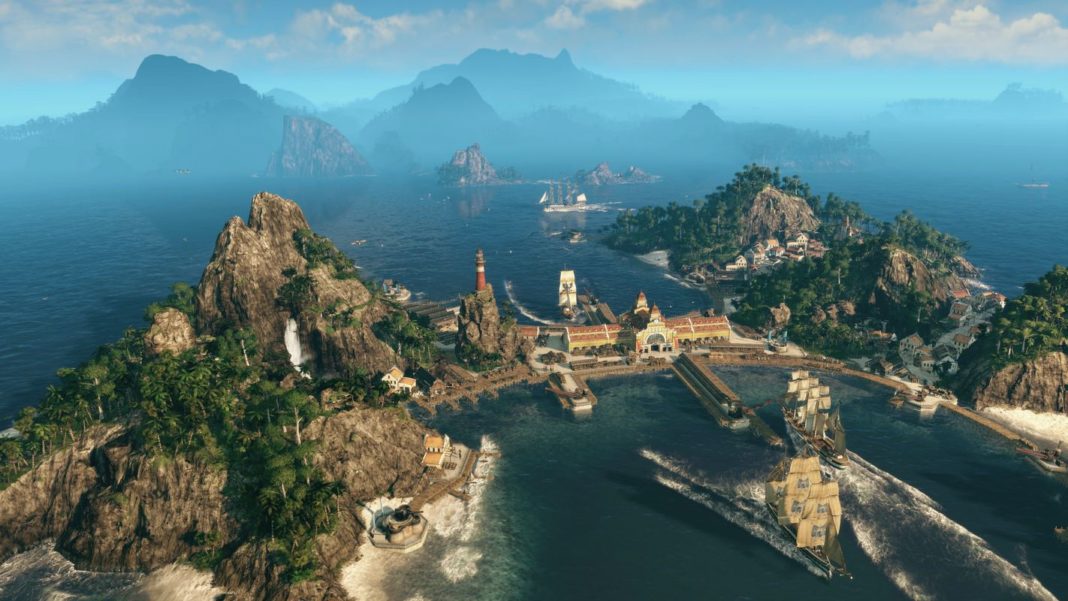 The Anno 1800 Console Edition for Xbox and PS5 includes the base game. Here we see a screenshot from the game with impressive islands, settlements, ports and ships.